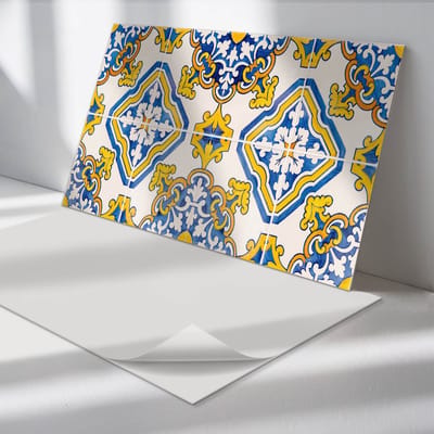 Wallfluent Vinyl Wandpaneel - Mozaïekpatroon met bloemen Zelfklevend Wandpaneel - 100 cm x 50 cm - Blauw PVC wandpaneel - Set van 1 - Rechthoekig Wandbekleding Vinyl - Texturen Wandpaneel - PVC Muurpaneel - Wandpaneel Keuken en Badkamer