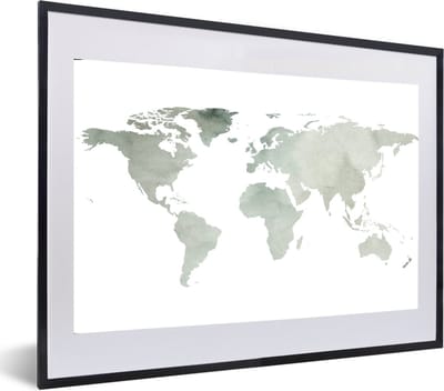 Poster in lijst - Fotolijst 60x40 cm - Posters - Wereldkaart - Grijs - Waterverf - Posterlijst zwart - Decoratie - Wanddecoratie woonkamer - Muurdecoratie slaapkamer