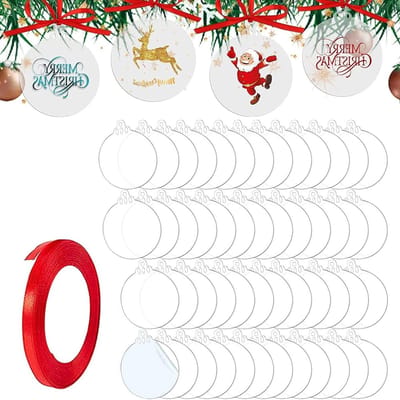 30 Stuks Transparante Acryl Kerstballen - Ronde Decoraties met Lint voor Kerstboom en Feestjes, Lege Acryl Disc Ornamenten voor Creatieve Knutselprojecten