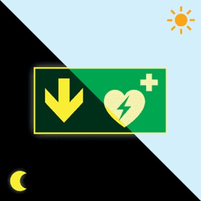 Extra lichtgevend AED bord met pijl beneden 300 x 150 mm