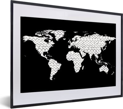 Poster in lijst - Fotolijst 60x40 cm - Posters - Wereldkaart - Wit - Grijs - Posterlijst zwart - Decoratie - Wanddecoratie woonkamer - Muurdecoratie slaapkamer