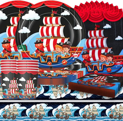 61 Pieces Kids Party Pirates Theme,Pirate Party Stuff,Birthday Decoration Theme,Sailor Party Supplies,Plates Tablecloths Napkins Cups