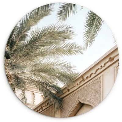 WallCircle® Wandcirkel 120x120 cm - Muurcirkel Gebouw - Palmbomen - Beige - Zon - Muurdecoratie woonkamer - Wanddecoratie slaapkamer - Kamer decoratie accessoires - Ronde schilderijen XXL