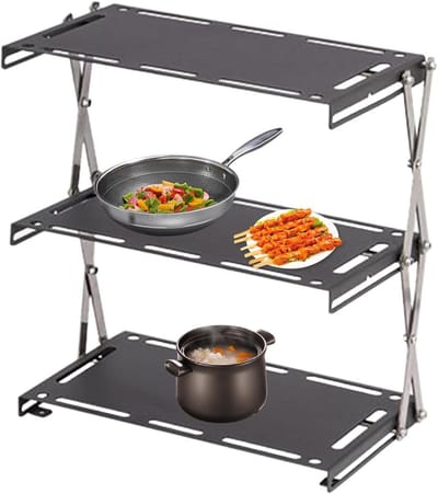 Opbergrek 3 Niveaus - Kampeer Tafel - Buiten Koken - Weerbestendig Ontwerp - 75 cm - Zwart