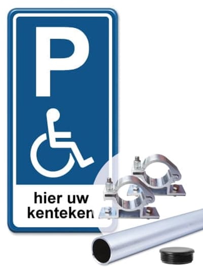 Parkeerbord mindervalide met kenteken 30x60 cm - Bevestiging: Met paal 150 cm + paalbeugels + paaldop