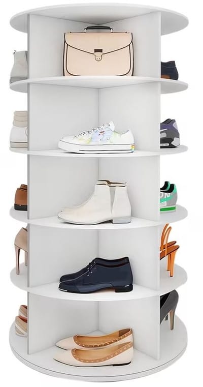 Draaibare Schoenenrek Toren 5 Niveaus 360° – Wit Rond Opbergrek voor 20 Schoenen, Lazy Susan Carrousel voor Hoeden en Tassen.