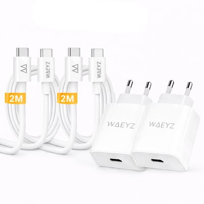 2 Stuks USB-C Adapter 20 Watt Oplader + 2 Meter Extra Dik 60 W USB-C Naar USB-C Kabel Oplaadsnoer Snellader SET Power Delivery (PD) Snellader / Fast Charger / Chargeur Rapide voor Telefoon en Tablet