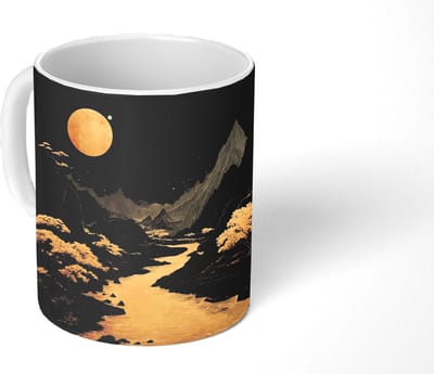 Mok - Koffiemok - Gouden rivier - Bergen - Maan - Sterrenhemel - Mokken - 350 ML - Beker - Koffiemokken - Theemok