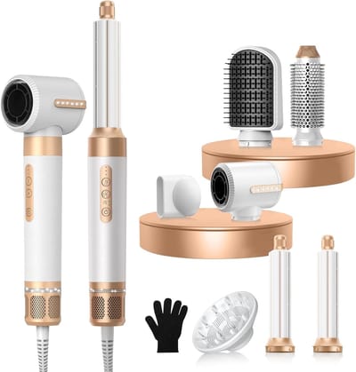 LYNEX Airstyler - Krultang 7 in 1 - Multistyler - Föhnborstel - 7 in 1 multi styler- Airstyler - 2025 model - Stijltang - Hairwrap - Haardroger met Borstel - Wit/Goud met handshonen