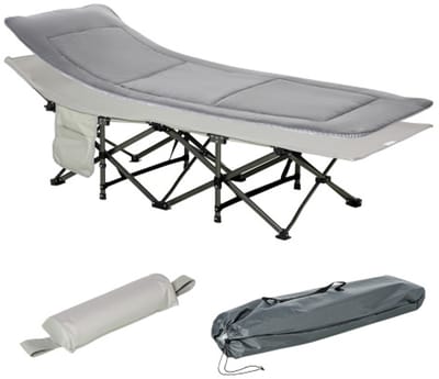 Campingbed, opvouwbaar kampeerbed met kussen en zijvak, matras in lichtgrijs, draagvermogen tot 150 kg