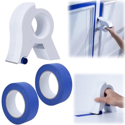 Afplaktape distributeur - Handmatige tape plakgereedschap - Voeggereedschap voor tegels - Inclusief 2 rollen blauwe tape - Geschikt voor schilderen, labelen, knutselen, decoreren en schilderen (15*10,4 cm - Wit)