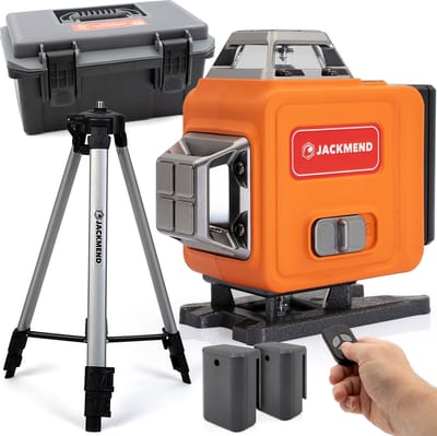 JACKMEND 4D Kruislijnlaser met Statief 1,45M Zelfnivellerend Bouwlaser met 4 tot 16 Lijnen - 50 Meter Meetbereik - 360 Graden Rotatie Zelfnivellerende Laser - Zelf Nivellerend Kruislijn Laser - Bouw Kruislaser - Klus Lijnlaser - Rotatielaser