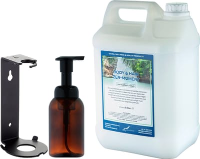 Zeepdispenser 300 ml amber bruin hervulbaar + 5 liter Body & Hair Zen Moment navulling (inclusief beugel)