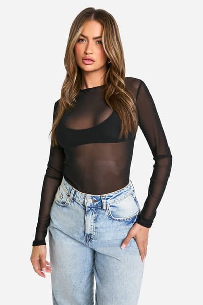 boohoo Dames Basic Mesh Bodysuit met Lange Mouwen | Zwart | Maat: 42