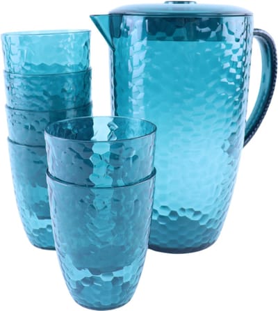 OTIX Kunststof Drinkglazen - Limonadekan - 7-delig - Herbruikbaar - Waterglas - Waterkan - Limonadeglazen - Blauw - HARBOR