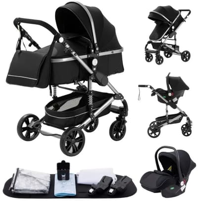 Luxe 3-in-1 Kinderwagen - Draagbaar, Opvouwbaar, met Vering - Aluminium Frame - Inclusief Autostoel - Kwalitatieve Buggy voor Pasgeboren Baby - Luxe Multifunctionele Combi Kinderwagen - All Black