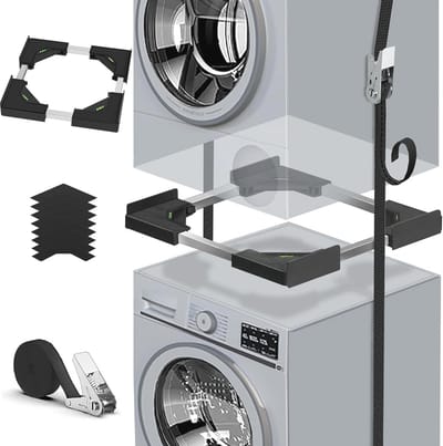 Stapelset voor Wasmachine en Droger - Verstelbaar en Stevig Frame (45-68 cm) met Versterkte Ratchetbanden en Bevestigingsbeugels, Antivibratie en Stapeloplossing, Zwart