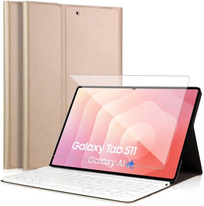 Hoes met toetsenbord geschikt voor Samsung Galaxy Tab S11 - Screen Protector GlassGuard - Keyboard Book Case Cover Hoesje Goud & Screenprotector