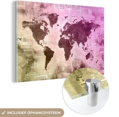MuchoWow® Glasschilderij 60x40 cm - Schilderij acrylglas - Wereldkaart - Geel - Paars - Foto op glas - Schilderijen