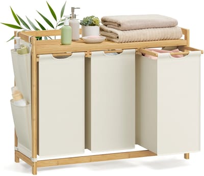 LUMÉ STORE Wasmand 3 Vakken - Wasmanden - Wasbox - Wassorteerder - Bamboe - 150L - Uitschuifbaar - Zijzakken - 94x33x78cm - Beige