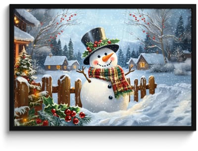 Poster in lijst - Fotolijst 90x60 cm - Posters - Sneeuwpop - Winterdorp - Kleurrijk - Posterlijst zwart - Decoratie - Wanddecoratie woonkamer - Muurdecoratie slaapkamer