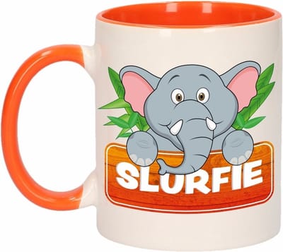 Slurfie mok - oranje/wit - keramiek - 300 ml - kinder beker olifant