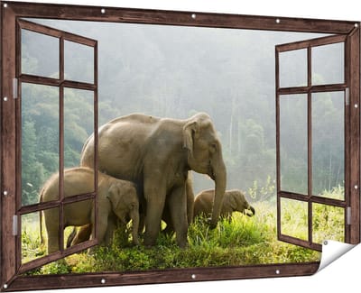 Gards Tuinposter Doorkijk Olifanten Familie in de Jungle - Olifant - 180x120 cm - Tuindoek - Tuindecoratie - Wanddecoratie buiten - Tuinschilderij