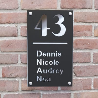 Naambordje voordeur - Huisnummerbord - Rechthoek staand - 25x15 - zwart/zilver - RVS afstandshouders