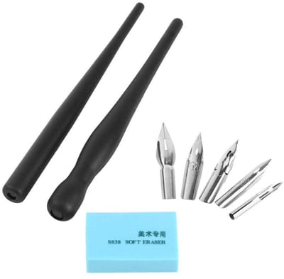 Dailygoods- Punthouder Comfortabel - Kroontjespen Set - 5 Penpunten - Stevig - Duurzaam - Zachte Rubber Wisser - Tekenpen