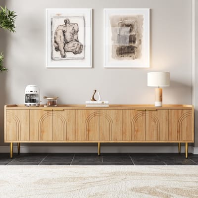 Pugsdrly tv-kast, lowboard met gestructureerde deur, tv-meubel, gouden handgrepen en gouden poten, 170 L x 35 B x 47,5 H (cm)