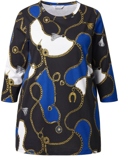 MIAMODA - Dames - T-shirt A-lijn kettingpatroon 3/4-mouwen - Capriblauw - Maat 46