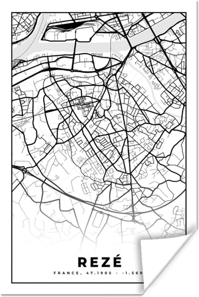 Poster Rezé - Stadskaart - Plattegrond - Kaart - Frankrijk - Zwart wit - 120x180 cm XXL