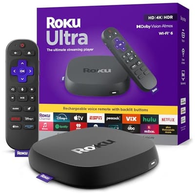 Roku Ultra 2024 - Ultieme streaming-speler - 4K-streamingapparaat voor tv met HDR10+, Dolby Vision & Atmos - Bluetooth en Wi-Fi 6 - Oplaadbare spraakafstandsbediening Pro met verlichte knoppen -
