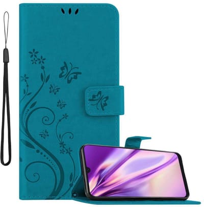 Cadorabo Hoesje geschikt voor Samsung Galaxy A50 4G / A50s / A30s in BLOEMEN BLAUW - Beschermhoes in bloemmotief met magnetische sluiting, standfunctie en kaartsleuven Book Case Cover Etui