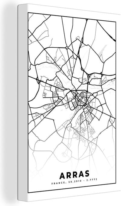 Canvas Schilderij Arras - Stadskaart – Frankrijk – Kaart – Plattegrond - Zwart wit - 20x30 cm - Wanddecoratie