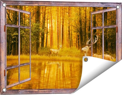 Gards Tuinposter Doorkijk Twee Herten in het Bos bij het Water - 60x40 cm - Tuindoek - Tuindecoratie - Wanddecoratie buiten - Tuinschilderij