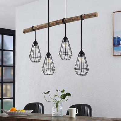 Lindby - hanglamp - 4lichts - Ijzer, hout - H: 25.6 cm - E27 - matzwart, licht hout