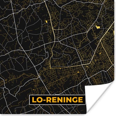 Poster Stadskaart - Goud - Plattegrond - Lo-Reninge - Kaart - 100x100 cm XXL