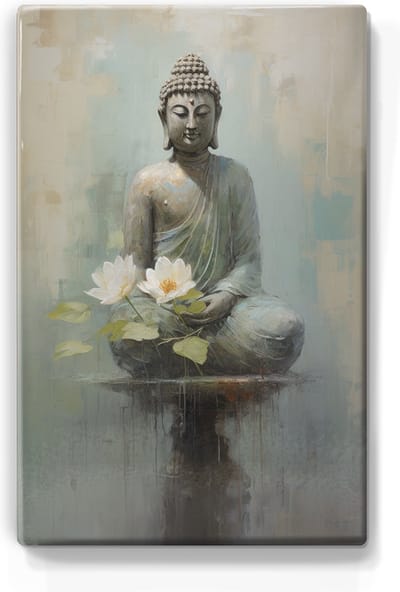 Boeddha met bloemen - Laqueprint - 19,5 x 30 cm - Niet van echt te onderscheiden handgelakt schilderijtje op hout - Mooier dan een print op canvas. - LP506