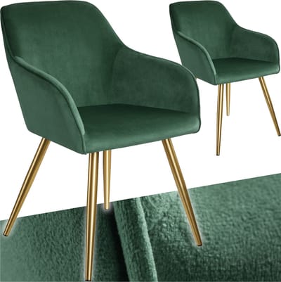 tectake® Eetkamerstoel Marilyn - Set van 2 - Met Armleuningen - Elegante Stoel met Gevoerde Zitting in Fluweellook - Gestoffeerd - Gouden metalen poten - Ergonomische Keukenstoel - Stoel voor Woonkamer, Eetkamer en Slaapkamer - Donkergroen