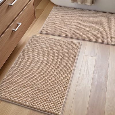 Chenille Badmat Set van 2 - Waterabsorberend en Antislip Badtapijt voor Badkamer in Beige, 40 x 60 cm
