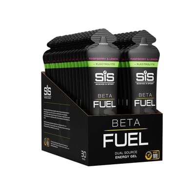 Science in Sport – SIS Beta Fuel + Electrolyte Gel – Raspberry & Lemon smaak – 1:0,8 Maltodextrine-Fructose verhouding – 40 gram koolhydraten + 200mg natrium per gel – 30 x 60ml