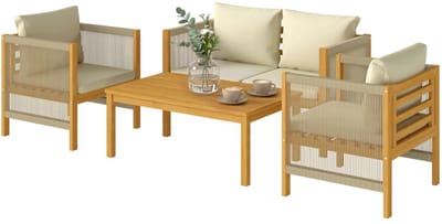 Tuinset - Houten Loungeset met 2-Zitsbank, 2 Fauteuils, Salontafel & Kussens - Tuinmeubelset voor 4 Personen - Tuinbank - Zitset - Tuinsalon voor 4 Personen - Zitgroep - voor Terras, Balkon, Tuin - Beige