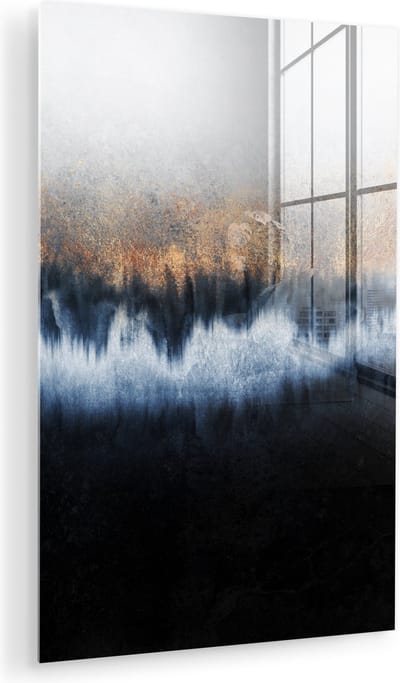 MuchoWow® Glasschilderij 120x180 cm - Schilderij acrylglas - Abstract - Goud - Luxe - Blauw - Foto op glas - Muurdecoratie woonkamer - Wanddecoratie slaapkamer - Schilderijen