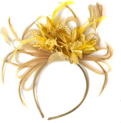 Chique Fascinator Hoofdband Champagne Beige Camel en Geelgoud voor Bruiloft of High Tea