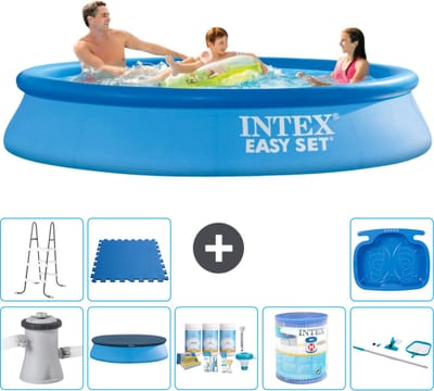 Intex Rond Opblaasbaar Easy Set Zwembad - 305 x 61 cm - Blauw - Inclusief Pomp - Afdekzeil - Onderhoudspakket - Filter - Schoonmaakset - Ladder - Voetenbad - Vloertegels - 9-delig