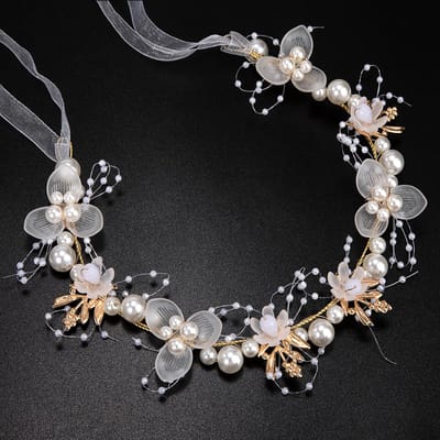 Dailygoods- Haarband Bloemen - Hoofddeksel Bruiloft - Haarstuk Dames - Haarband Meisje - Wit/Goud - Verstelbaar - Hoofdeksel