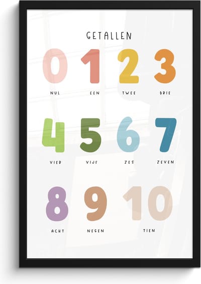 Poster in lijst - Fotolijst 40x60 cm - Posters - Getallen - Educatief - Leren tellen - Cijfers oefenen voor kinderen - Kleuren - Posterlijst zwart - Kamer decoratie - Wanddecoratie kinderkamer - Muurdecoratie babykamer