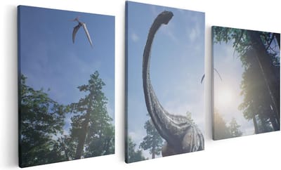 Artaza Canvas Schilderij Drieluik Diplodocus Dinosauriër in het Bos - 120x60 - Foto Op Canvas - Canvas Print