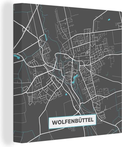 Canvas Schilderij Plattegrond – Wolfenbüttel – Blauw – Stadskaart – Kaart - Duitsland - 20x20 cm - Wanddecoratie